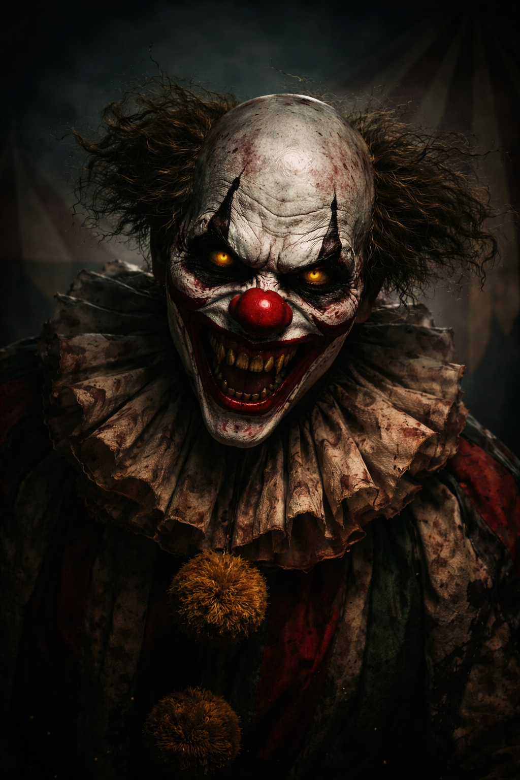 A sinister clown with a grotesque smile, yellow eyes, and a tattered multicolored costume, set against a dark, eerie background.
