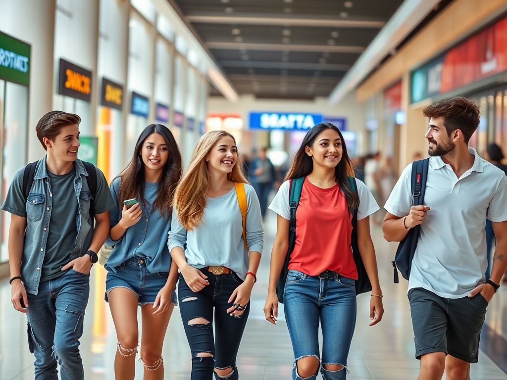 A group of five young adults walking together in a mall, smiling and chatting, with various store signs in the background.
