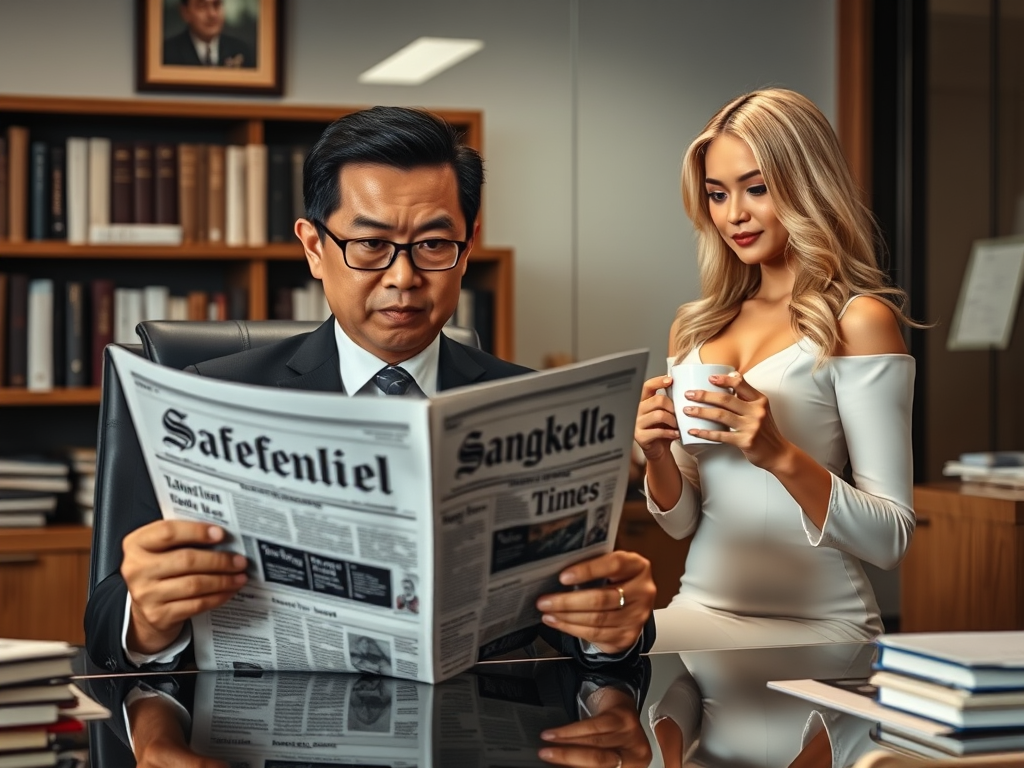 A man in a suit reading a newspaper with a serious expression, while a woman in a white dress holds a cup, looking at him in an office setting with bookshelves in the background.