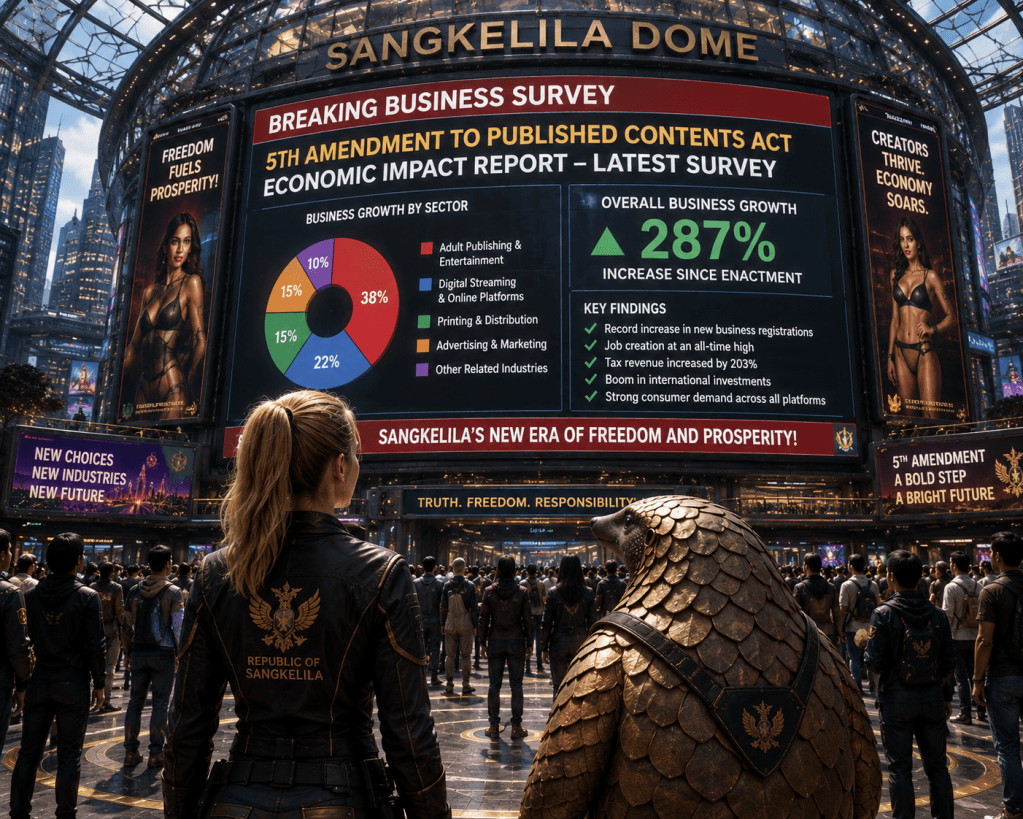 A large digital display inside the SANGKILIA DOME showcases a business survey report highlighting a 287% increase in overall business growth since the enactment of the 5th Amendment to the Published Contents Act. The report includes a pie chart with business growth by sector and key findings such as increased new business registrations and job creation.